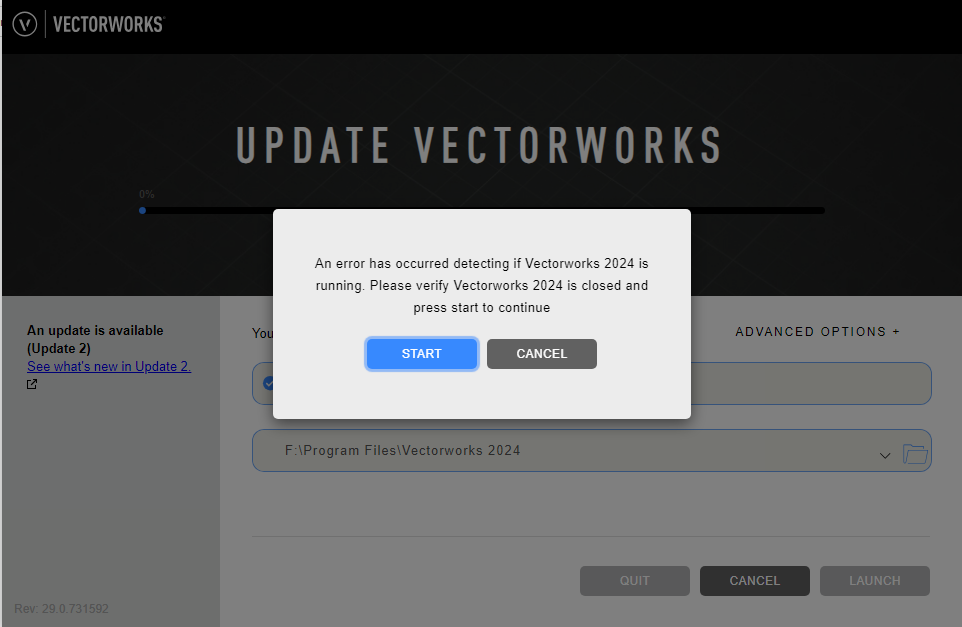 No, Vectorworks 2024 is not running Error when trying to update from