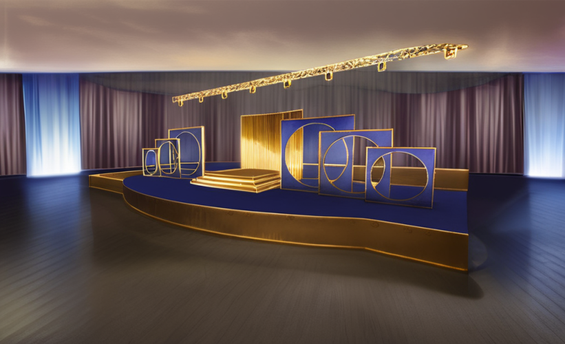 Corporate stage with audience, dark theater blues, golds, shiny floor.png