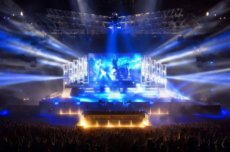 JLO rock concert, (blue lighting), pyro display, video screens, shiny dark floor, standing audience, (((people standing))) Crowd in foreground, dancing people, (((laser light))).png