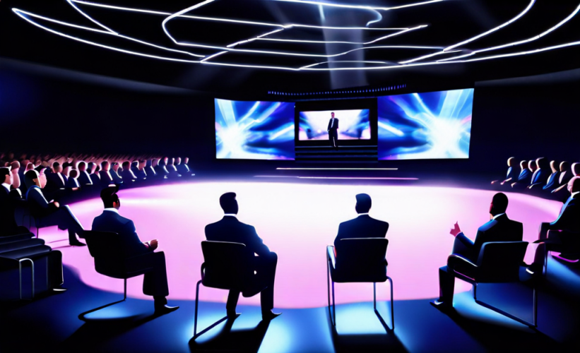 business meeting, (dramatic lighting), pyro display, video screens, shiny dark floor, standing audience, (((people standing))) Crowd in foreground, dancing people, 3.png