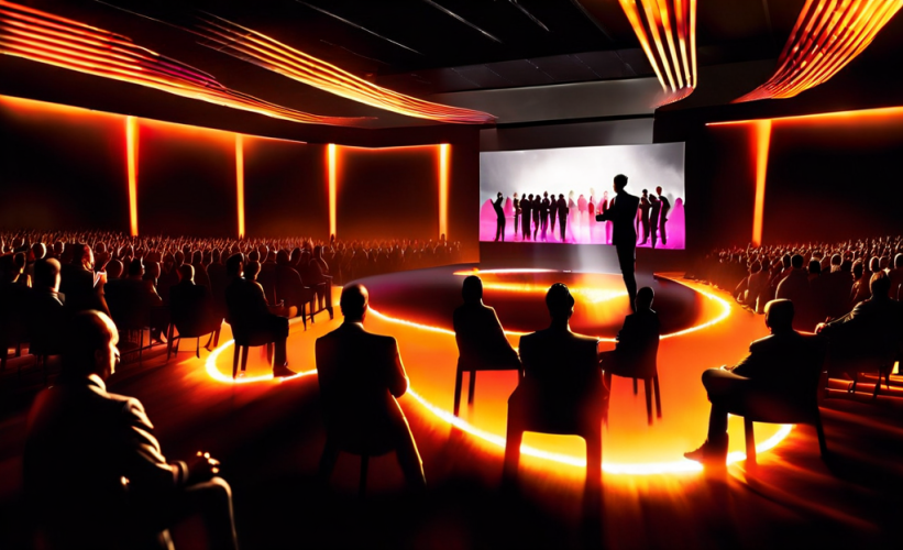 business meeting, (dramatic lighting), pyro display, video screens, shiny dark floor, standing audience, (((people standing))) Crowd in foreground, dancing people,.5png.png